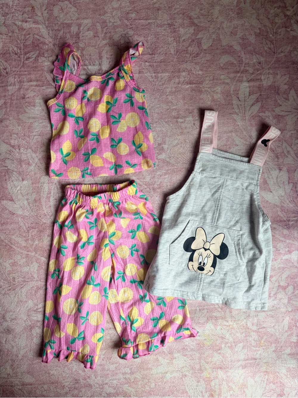 Girls Pink Lemon Pajama Set with Grey Minnie Overalls